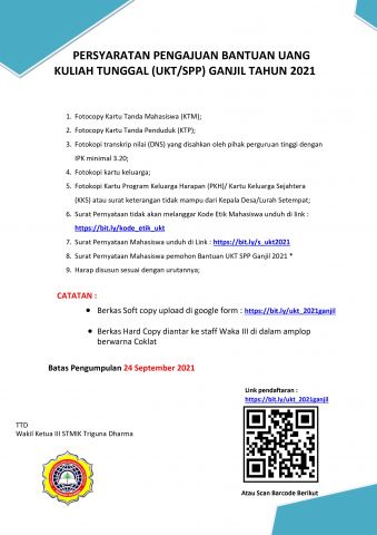 Pengumuman pendaftaran beasiswa bantuan UKT/SPP Tahun 2021 Ganjil STMIK Triguna Dharma.